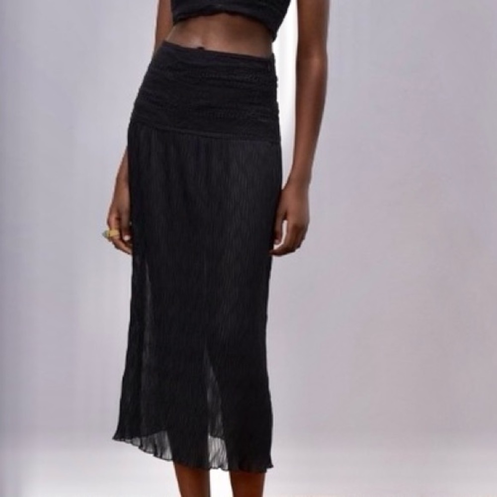 Zara black knit crochet mixed combination crocheted mesh semi-sheer midi skirt - Picture 5 of 9
